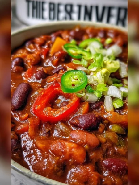 Bowl of delicious vegan chili with fresh vegetables and herbs
