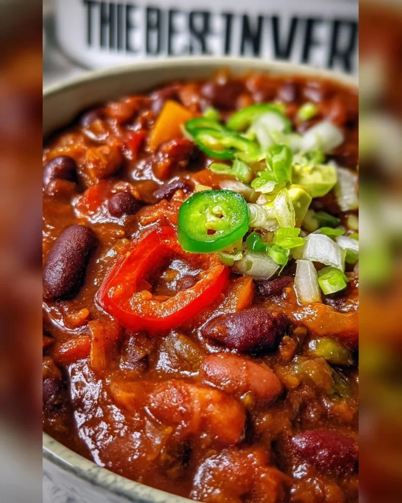 Bowl of delicious vegan chili with fresh vegetables and herbs