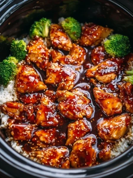 Delicious Dump and Go Crockpot Teriyaki Chicken served with rice and vegetables