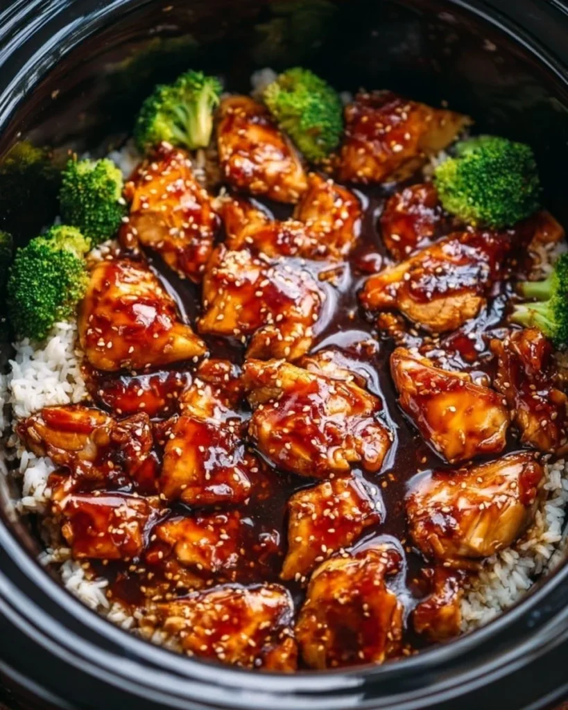 Delicious Dump and Go Crockpot Teriyaki Chicken served with rice and vegetables