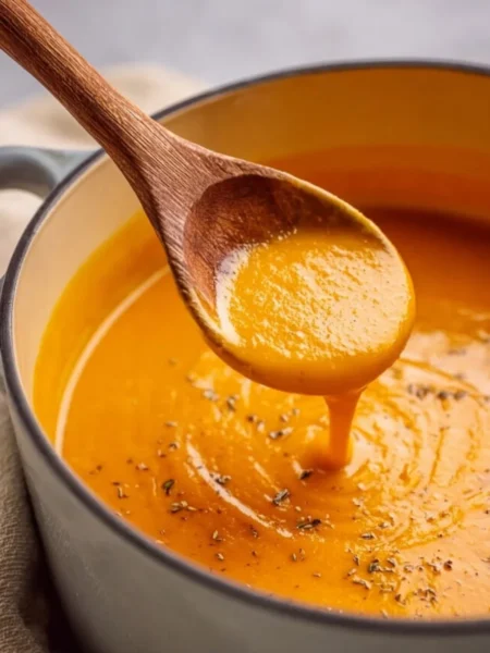Bowl of easy 20 minute canned pumpkin soup garnished with herbs