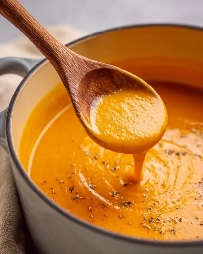 Bowl of easy 20 minute canned pumpkin soup garnished with herbs