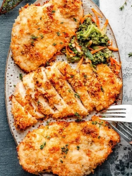 Plate of easy baked ranch chicken garnished with herbs