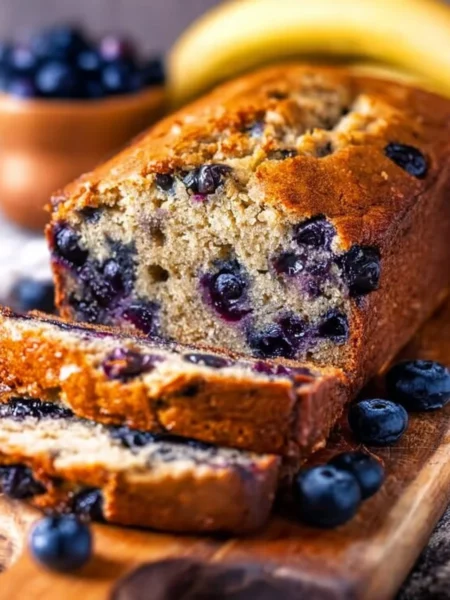 Delicious homemade blueberry banana bread with ripe bananas and fresh blueberries
