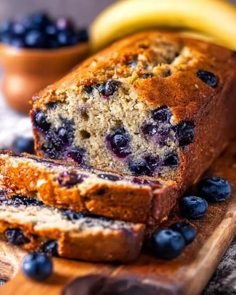 Delicious homemade blueberry banana bread with ripe bananas and fresh blueberries