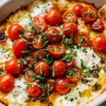 Delicious Caprese dip served in a bowl with fresh basil garnish.