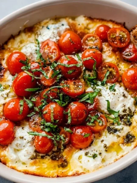 Delicious Caprese dip served in a bowl with fresh basil garnish.