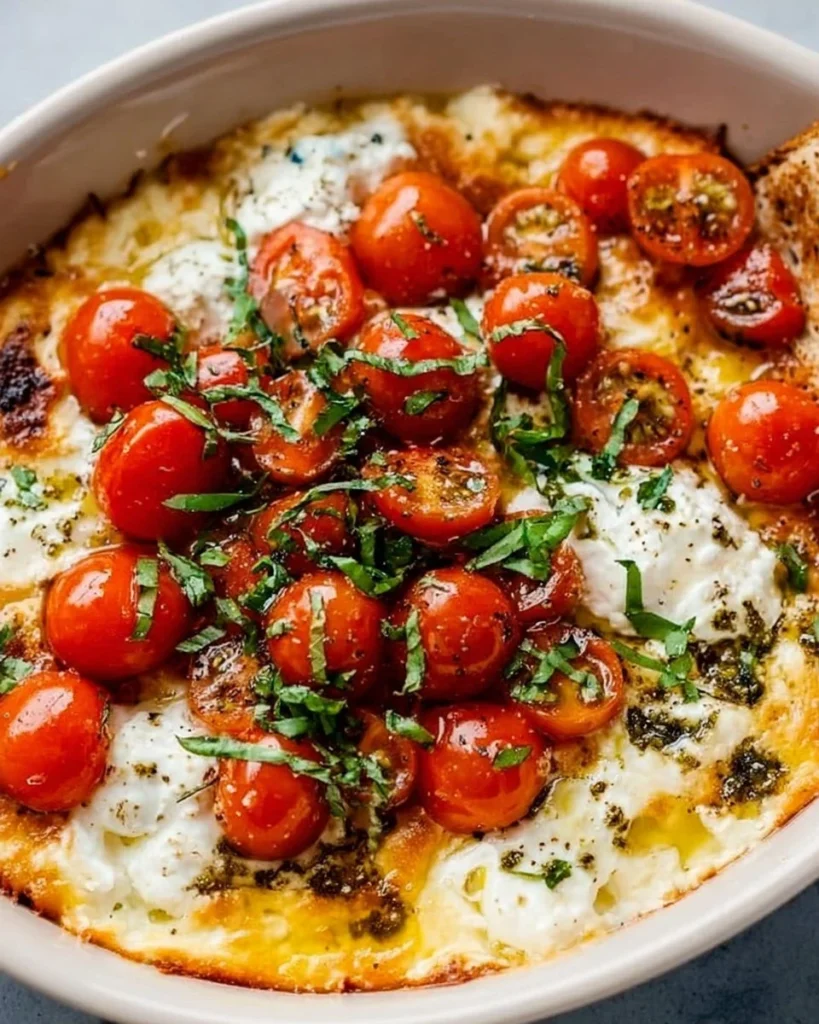 Delicious Caprese dip served in a bowl with fresh basil garnish.