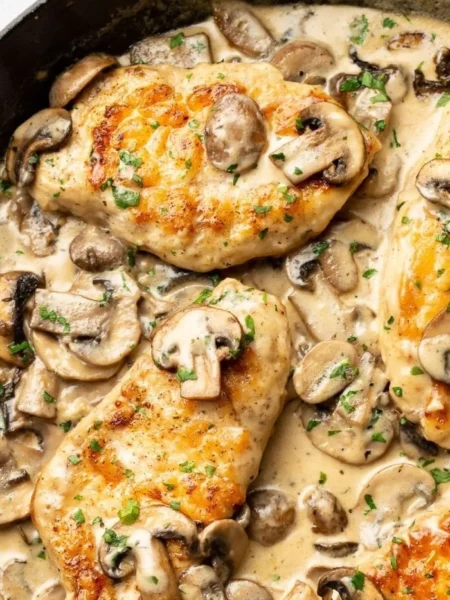 Easy chicken dinner with garlic and cream sauce on a plate