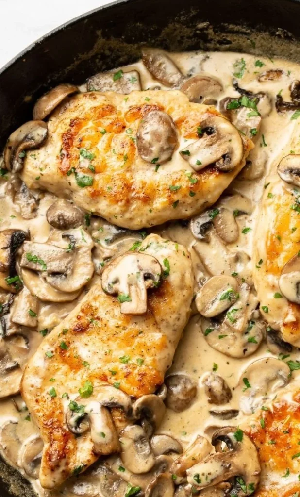 Easy chicken dinner with garlic and cream sauce on a plate