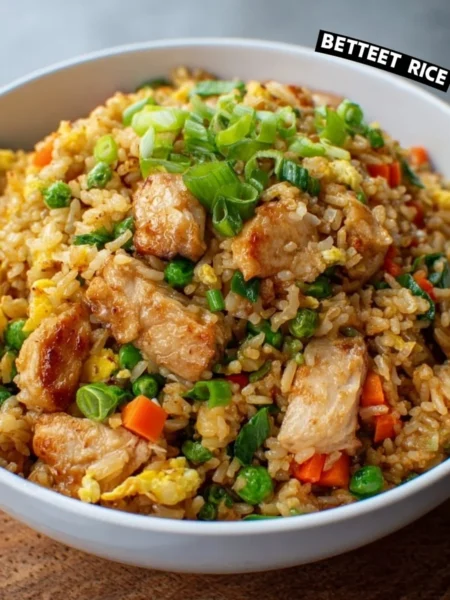 Stir-fried chicken fried rice in a skillet with vegetables and eggs