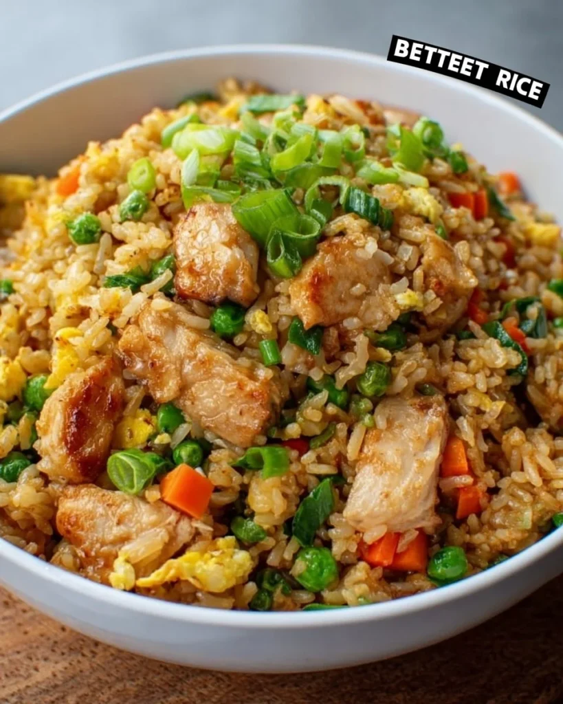 Stir-fried chicken fried rice in a skillet with vegetables and eggs