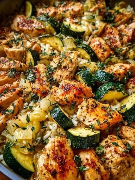 A delicious and healthy chicken zucchini bake topped with cheese and herbs.