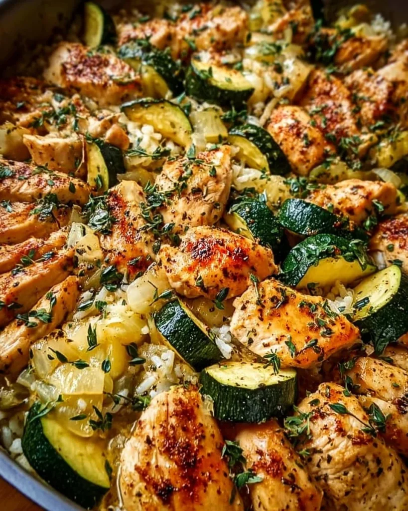 A delicious and healthy chicken zucchini bake topped with cheese and herbs.