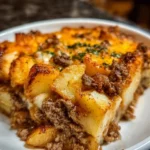 A delicious serving of Easy Classic Hobo Casserole in a baking dish.