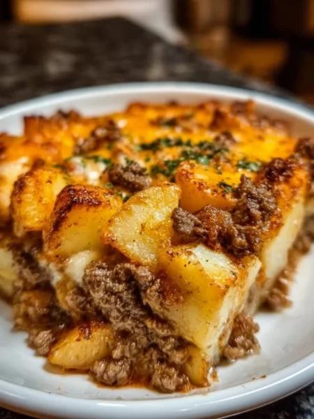 A delicious serving of Easy Classic Hobo Casserole in a baking dish.