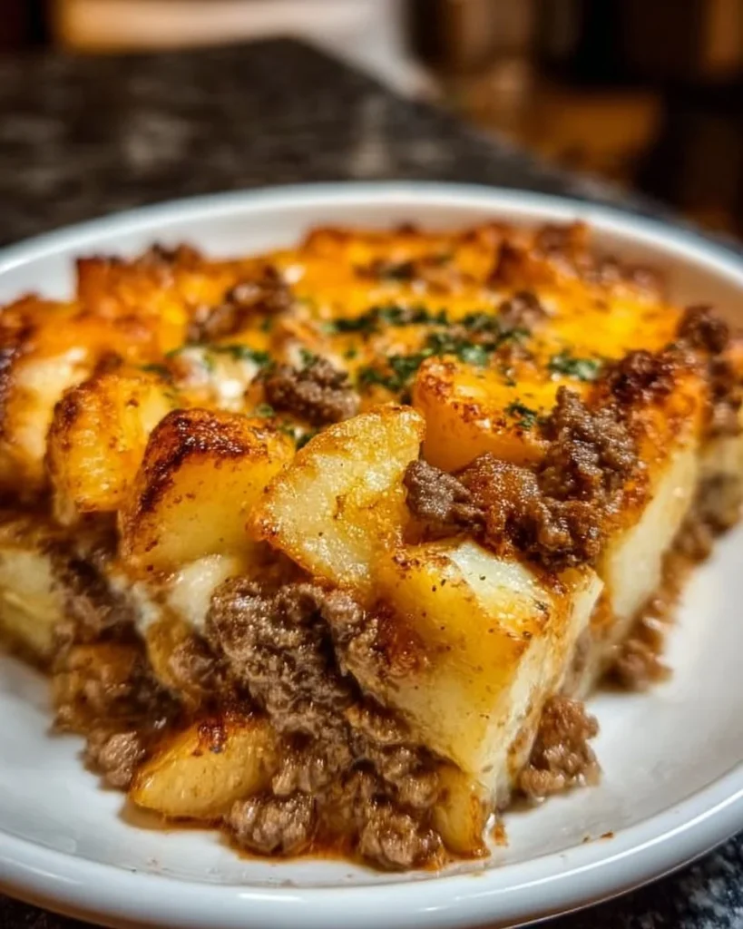 A delicious serving of Easy Classic Hobo Casserole in a baking dish.