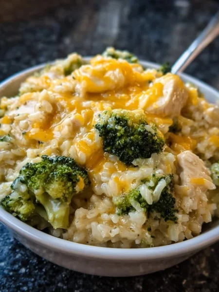 Delicious easy crockpot cheesy chicken broccoli rice dish