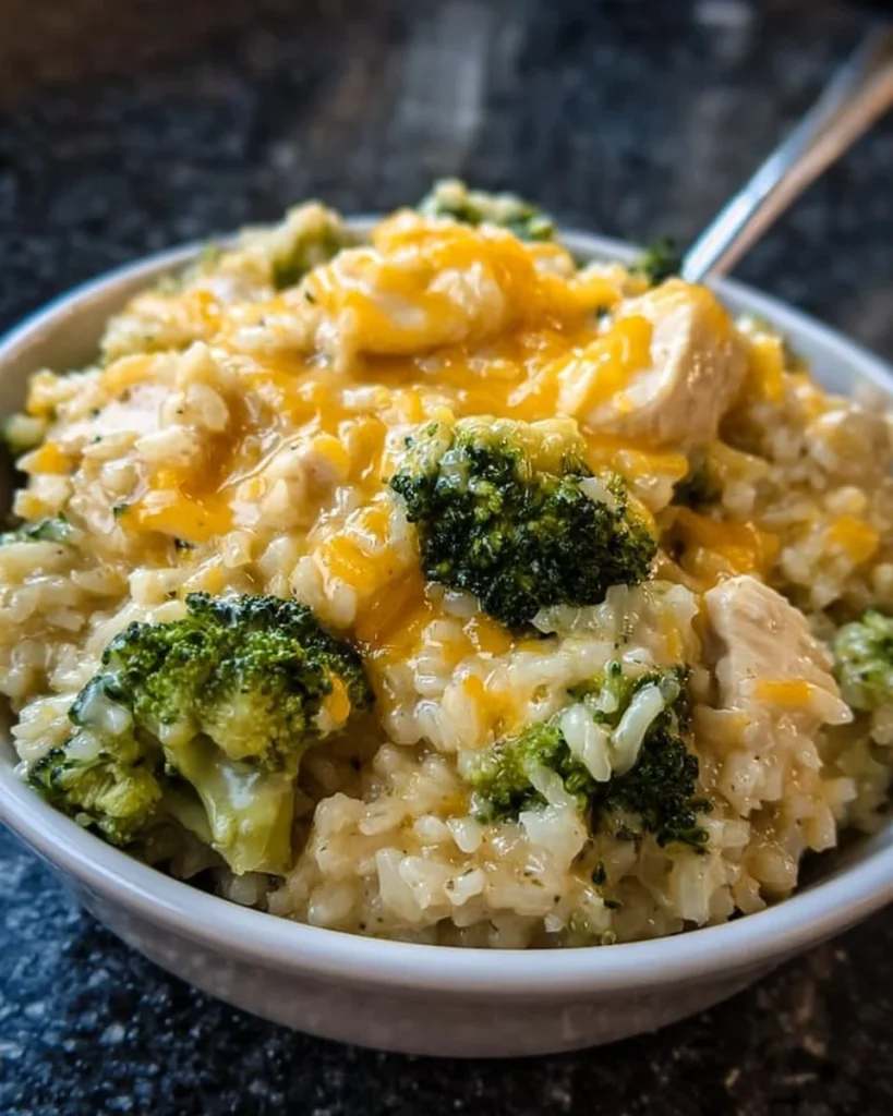 Delicious easy crockpot cheesy chicken broccoli rice dish