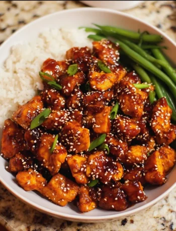 Healthy sesame chicken served with vegetables