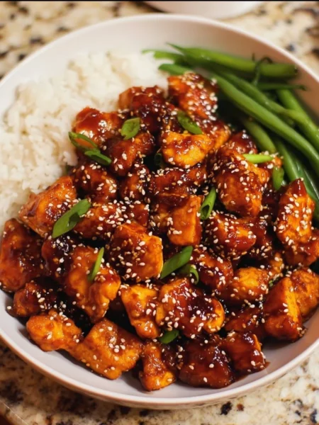 Healthy sesame chicken served with vegetables