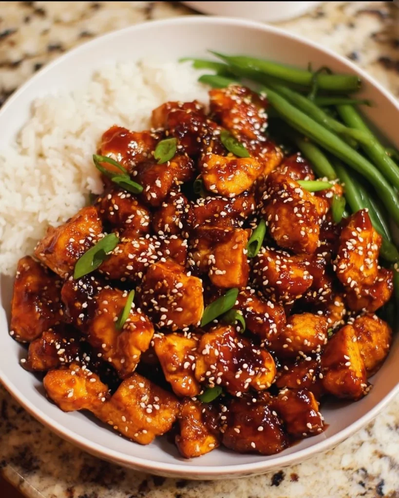 Healthy sesame chicken served with vegetables