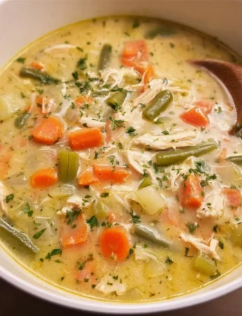 Bowl of easy leftover turkey soup with carrots and herbs