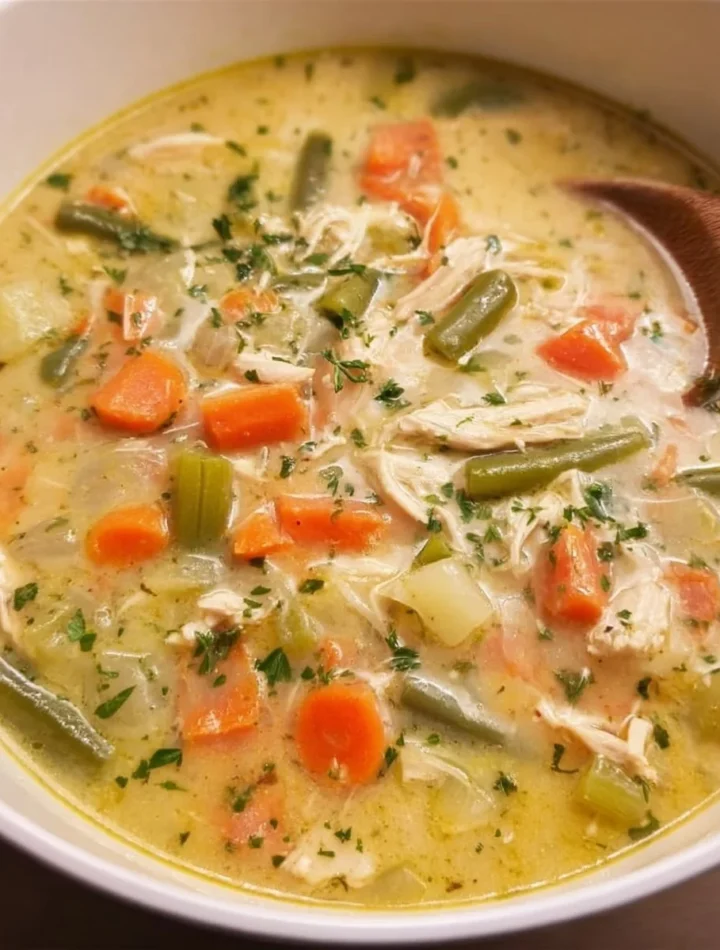 Bowl of easy leftover turkey soup with carrots and herbs
