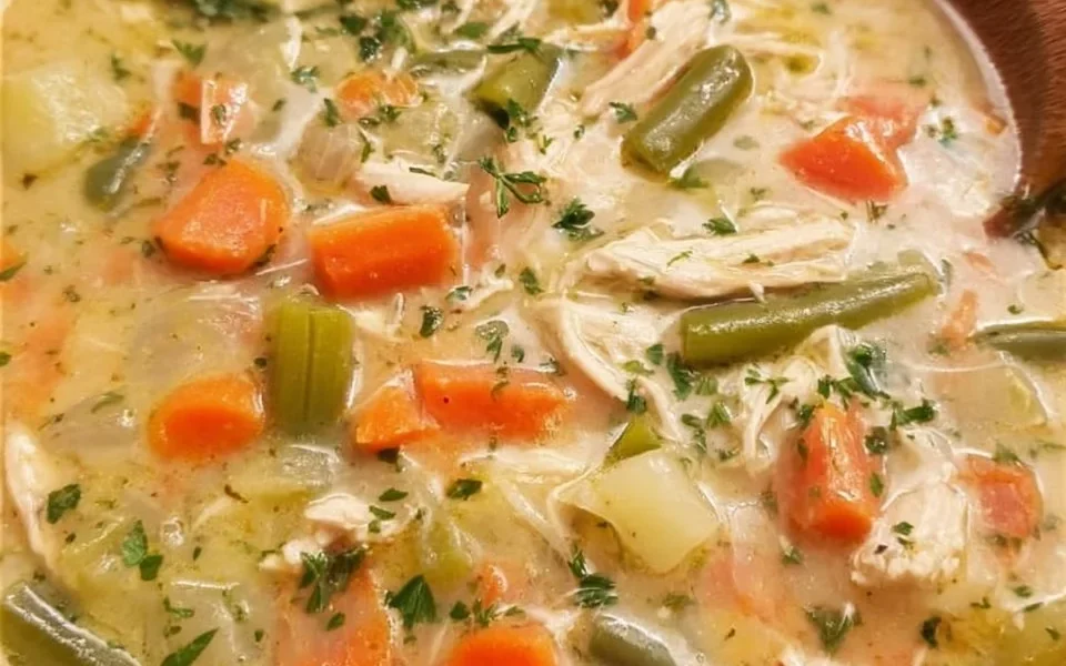 Bowl of easy leftover turkey soup with carrots and herbs