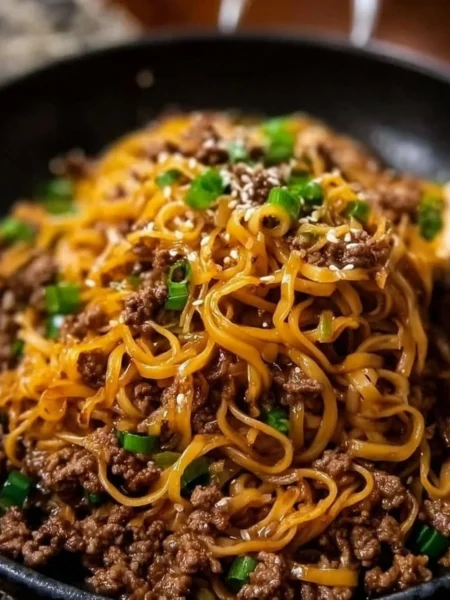 Plate of easy Mongolian beef noodles recipe with herbs and spices