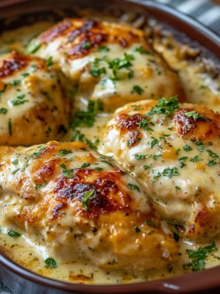Delicious easy sour cream chicken dish served on a plate with herbs