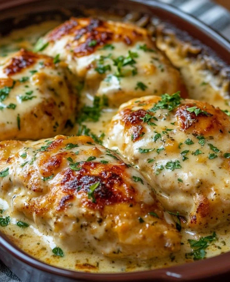 Delicious easy sour cream chicken dish served on a plate with herbs