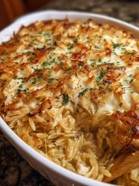 French onion chicken orzo casserole topped with melted cheese and herbs
