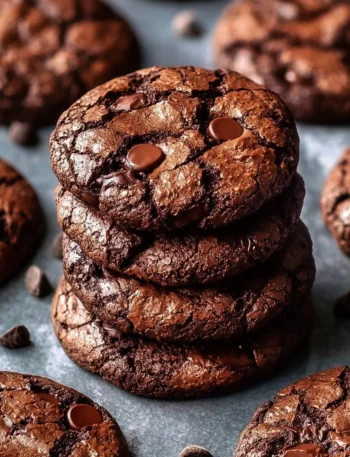 Fudgy brownie cookies piled high on a rustic wooden table.