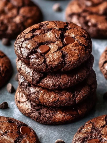 Fudgy brownie cookies piled high on a rustic wooden table.