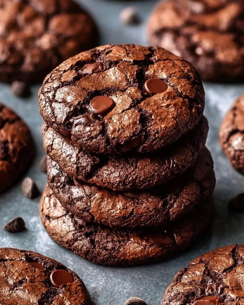 Fudgy brownie cookies piled high on a rustic wooden table.