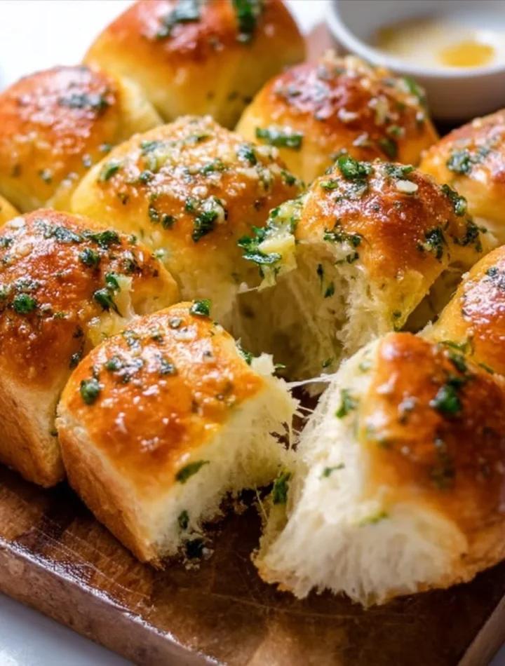 Freshly baked garlic bread rolls topped with parsley and melted butter