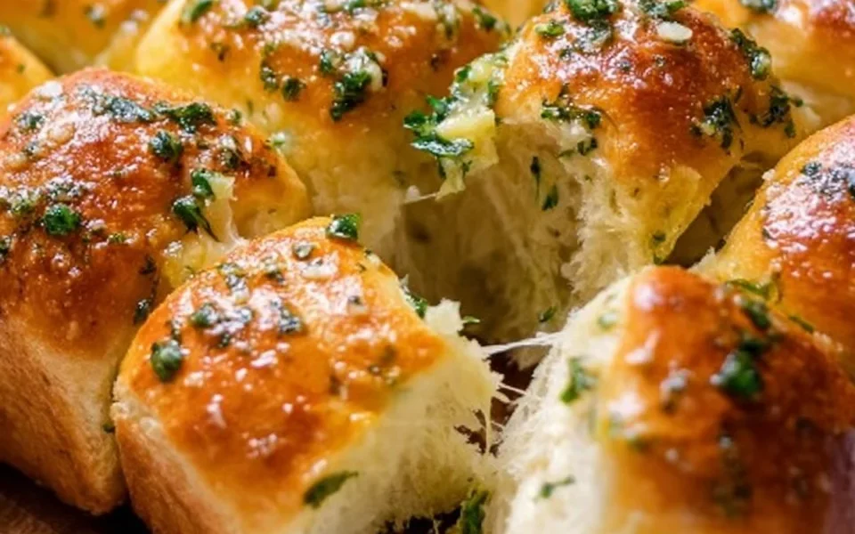 Freshly baked garlic bread rolls topped with parsley and melted butter