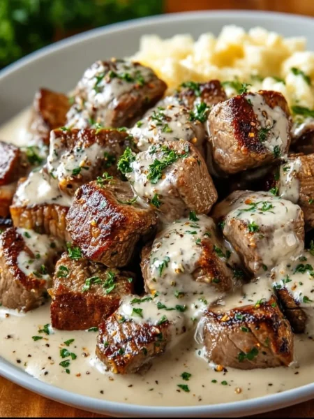 Delicious garlic butter steak bites with rich parmesan cream sauce