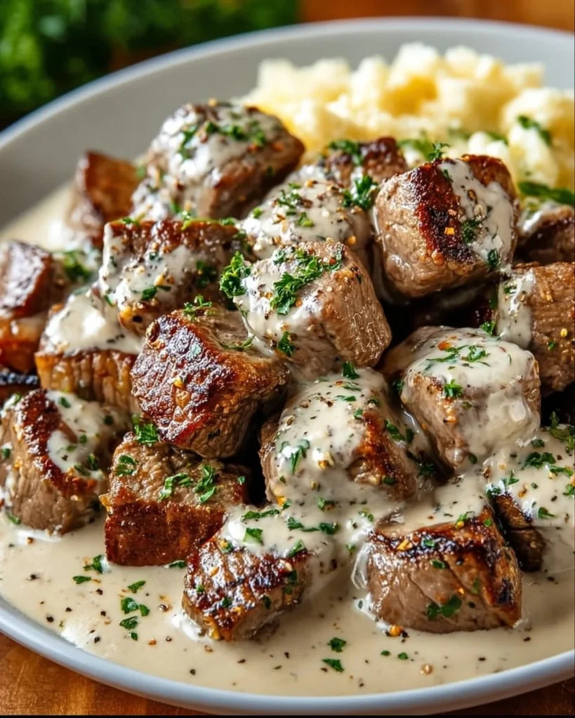 Delicious garlic butter steak bites with rich parmesan cream sauce