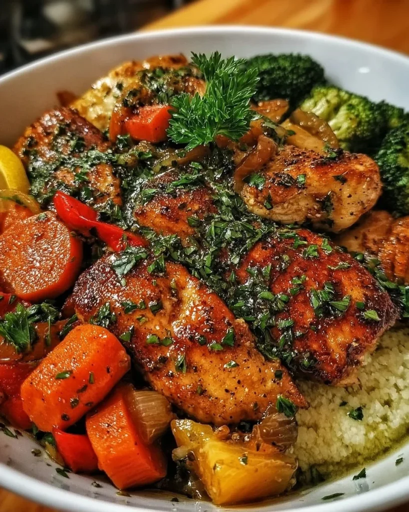 Garlic Lemon Butter Chicken with fresh vegetables in a bowl