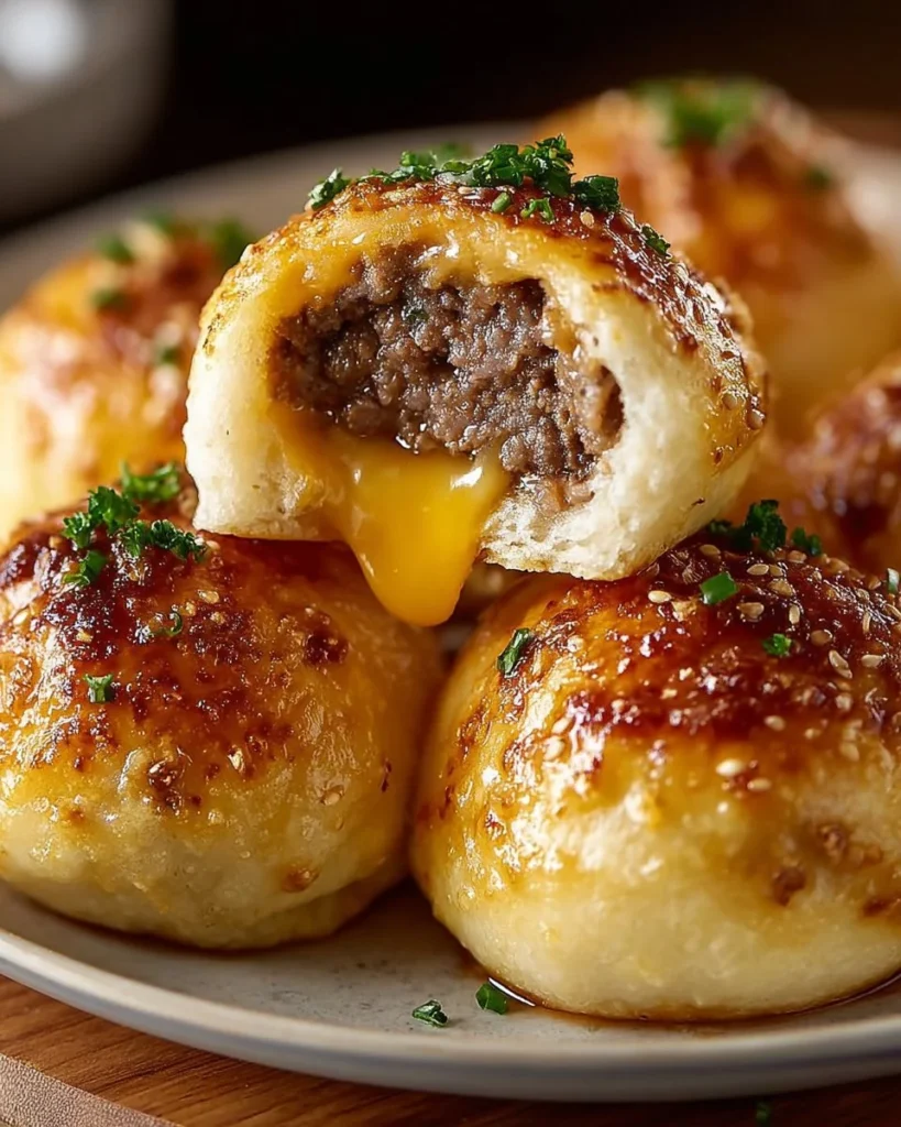 Delicious Garlic Parmesan Cheeseburger Bombs served on a plate