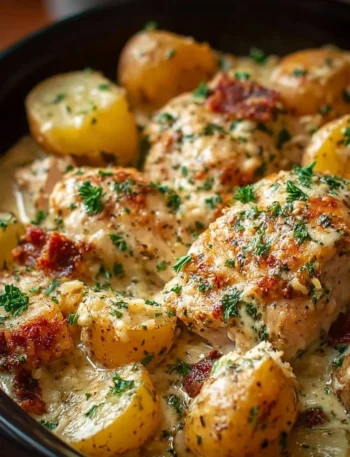 Crockpot Garlic Parmesan Chicken with Potatoes served on a plate