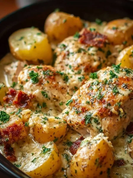 Crockpot Garlic Parmesan Chicken with Potatoes served on a plate