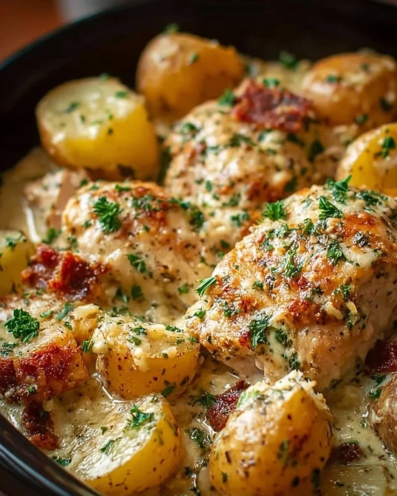 Crockpot Garlic Parmesan Chicken with Potatoes served on a plate
