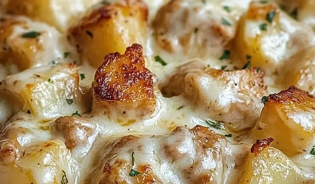 Delicious Garlic Parmesan Chicken with crispy potatoes in a crockpot.