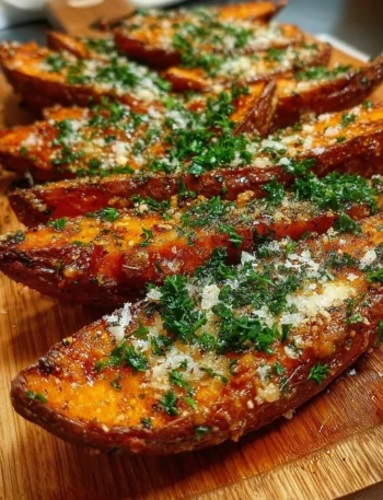 Garlic Parmesan Sweet Potato Wedges garnished with herbs and spices