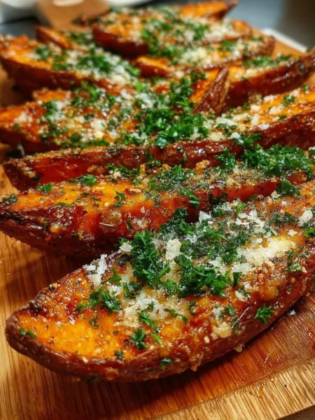 Garlic Parmesan Sweet Potato Wedges garnished with herbs and spices