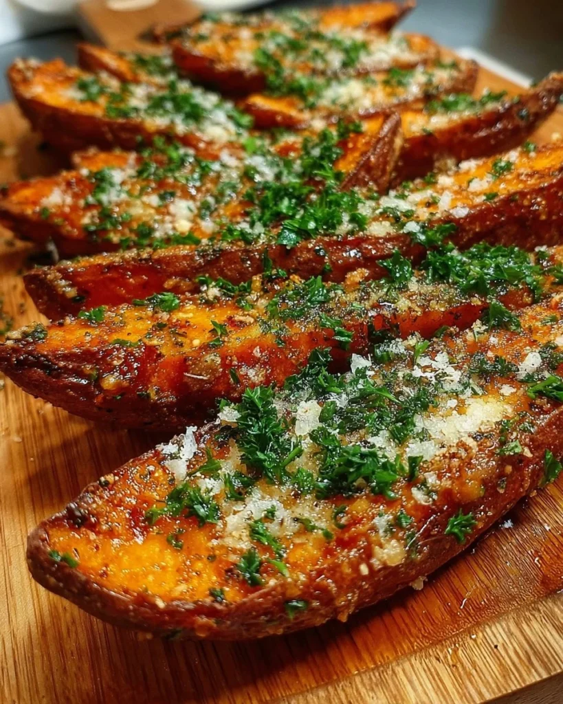 Garlic Parmesan Sweet Potato Wedges garnished with herbs and spices