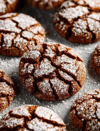 Freshly baked Gingerbread Crinkle Cookies with powdered sugar topping